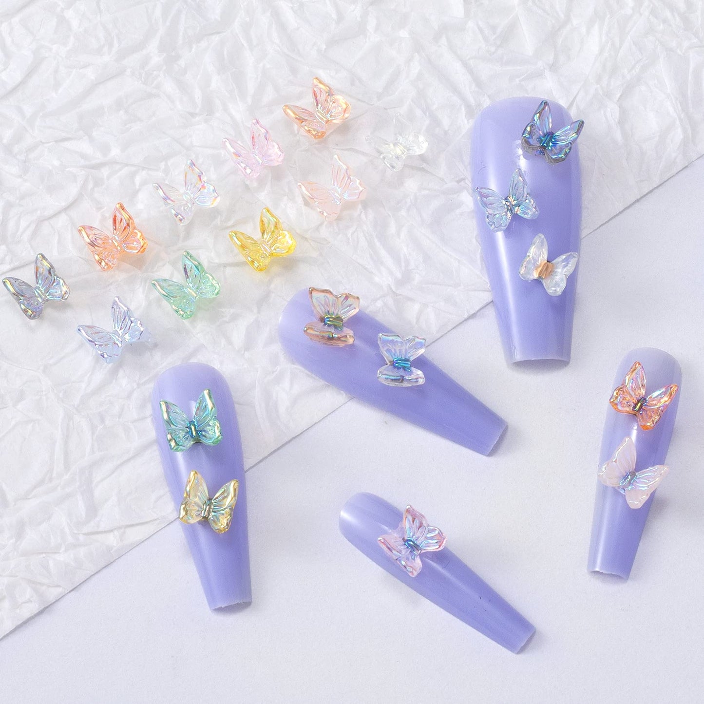 OIIKI 300pcs Cute 3D Butterfly Nail Charm, Glitter Charm for Nails Art, Resin Art Decorations Ornaments Gems for Acrylic DIY Craft Design Manicure Accessories