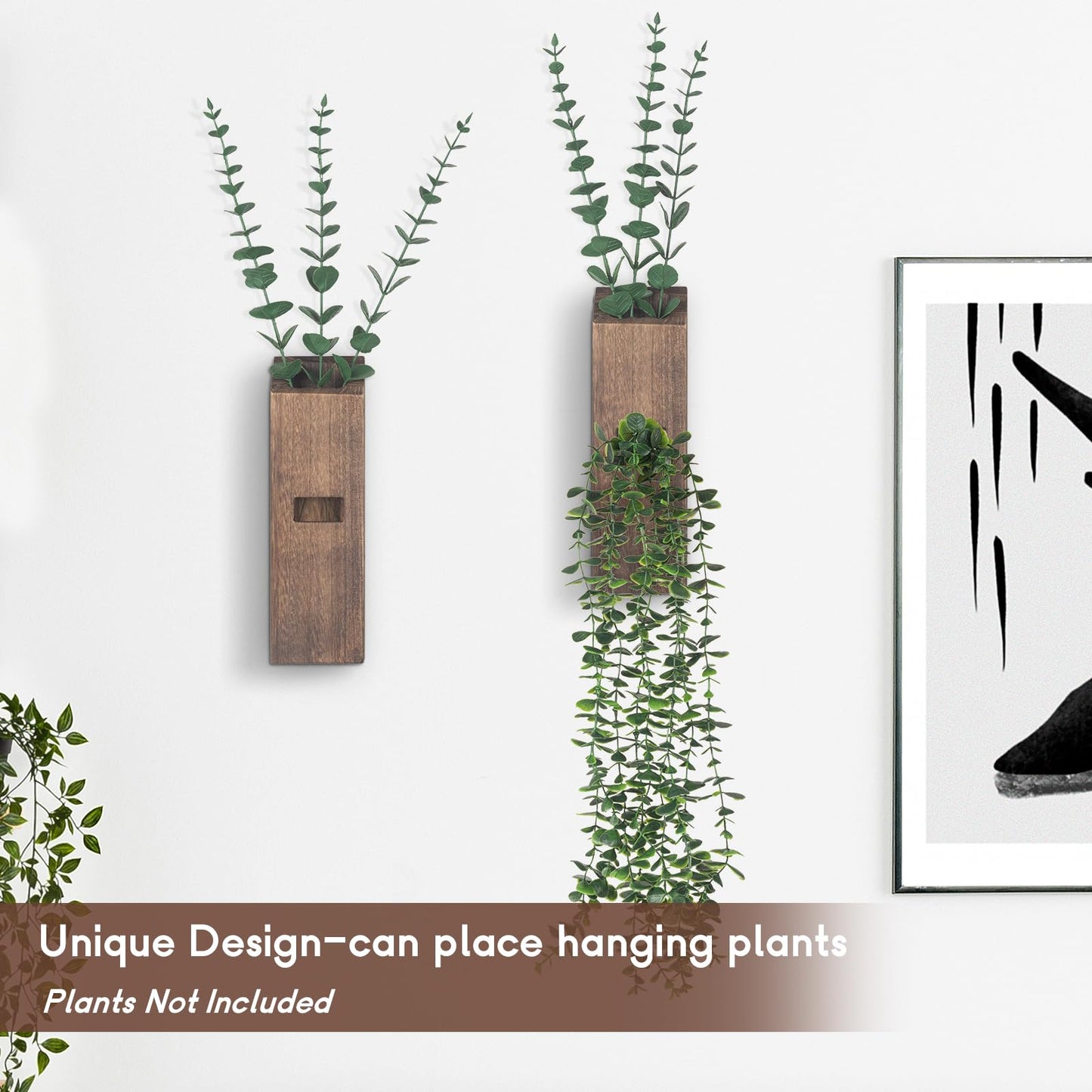 2 Pack Wood Wall Planter, Wall Decor Aesthetic for Living Room, Modern Farmhouse Entryway or Bathroom Decor, Unique Boho Vase for Holding Faux Greenery and Dried Flowers