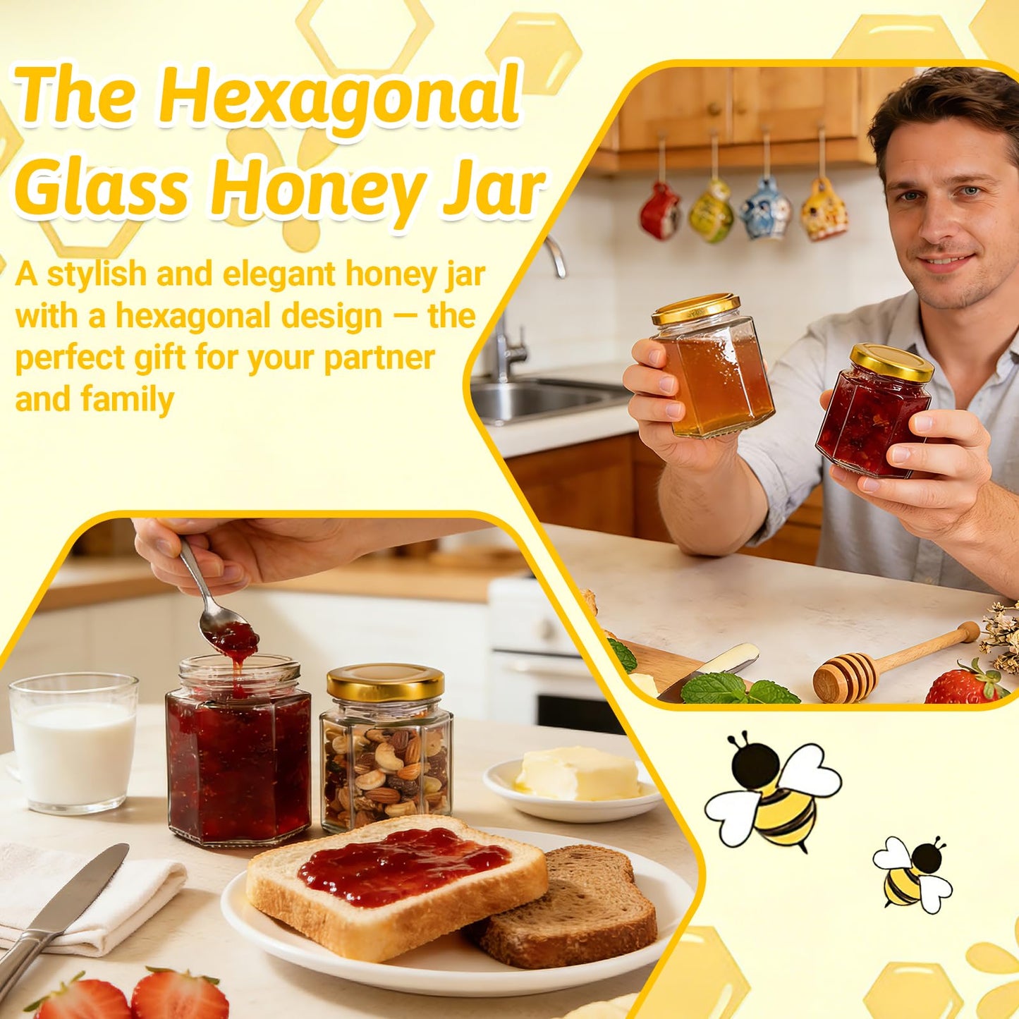 Haneye 6 oz Hexagon Glass Jars with Gold Lids, 30 Pack Honey Jars Canning Jars Small Spice Jars for Jelly, Herb, Jams, Candy, Wedding Favors, Includes Labels and Pen