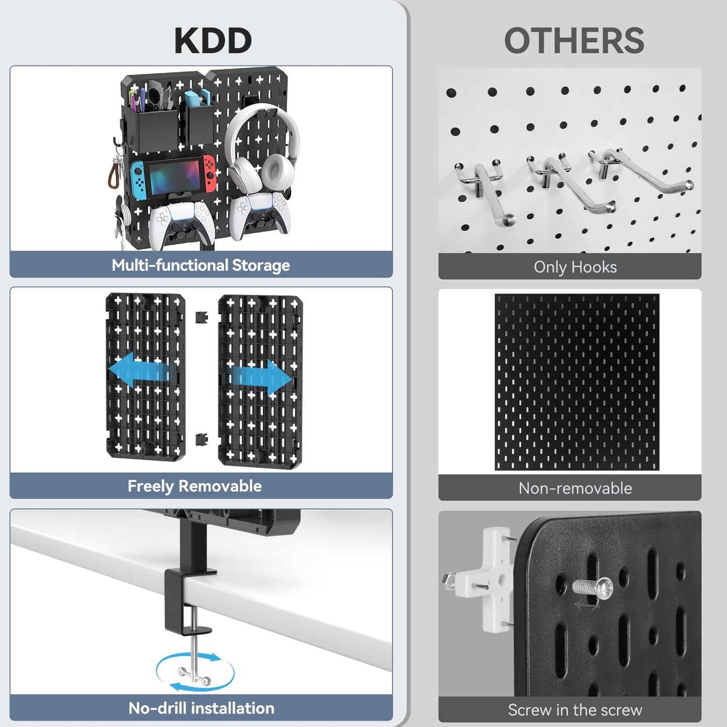 KDD 7 in 1 Clamp-on Desk Pegboard - No Drill Desk Side Storage with Phone Stand/Pen Holder/Storage Box/Headset & Controller Holder/Hooks, Detachable Gaming Pegboard for Office & Home Desktop Organizer