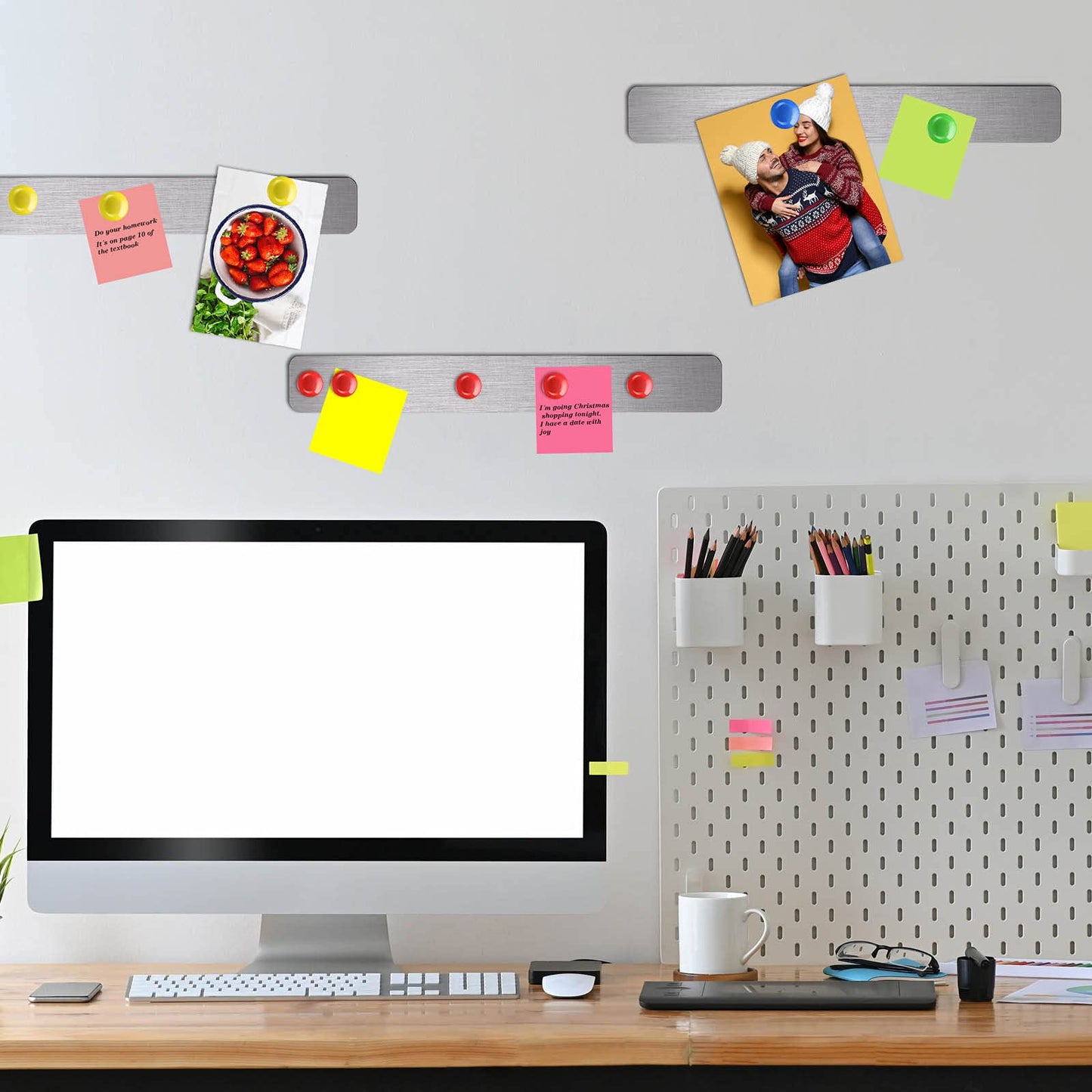 6 Pcs 15" x 2" Magnetic Display Board Souvenir Bulletin Board Strip Set with 48 Pcs Colorful Magnet for Office Home Wall Display Notes, Photos(Silver)