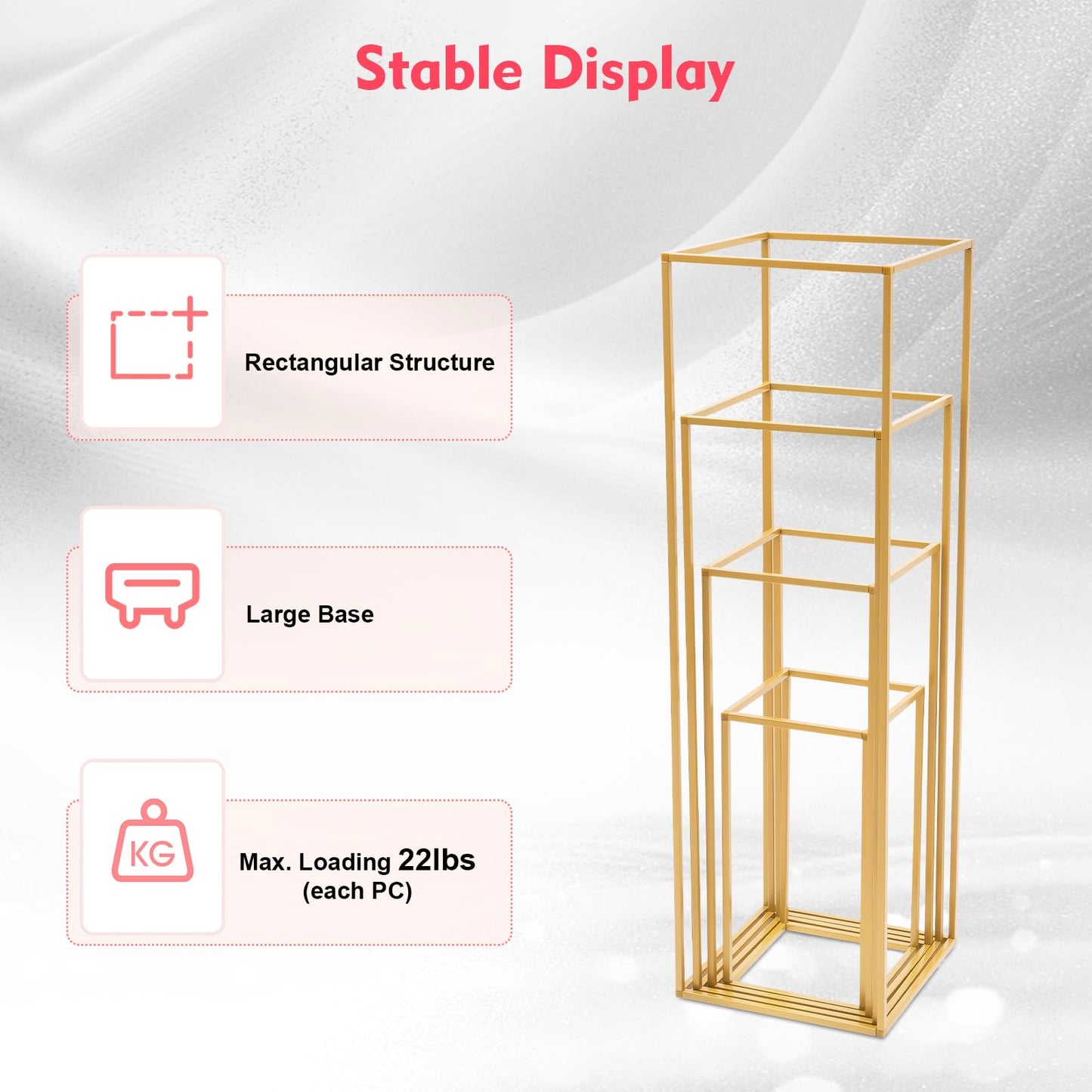 4 Pcs Inweder Column Vases Wedding Centerpieces, Different Sizes Gold Floor Vase, Tall Metal Vase Column, Rectangular Geometric Flower Rack，for Wedding Decorations, Event, Home, Party(16",24",32",40")