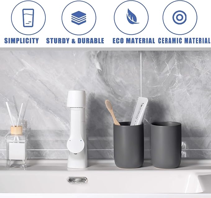Matte Grey Toothbrush Holders for Bathrooms - Ceramic Toothbrush Toothpaste Holders Set, Grey Bathroom Tumbler Cups Reusable Toothbrush Cup, Counter Organizer