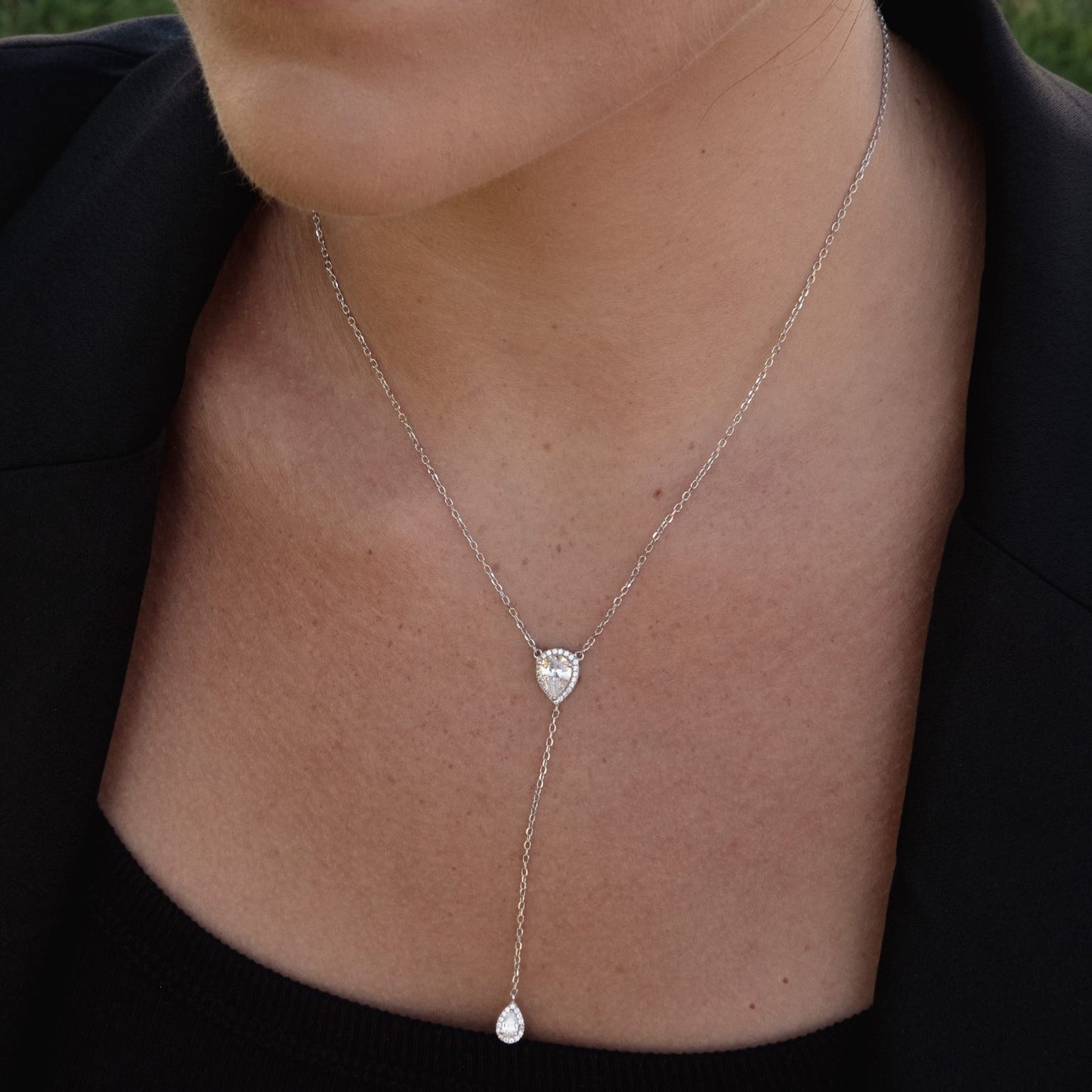 CZ Pear Drop Lariat Necklace 16" with 2.75" Y Drop Adjustable, 14K Rose Gold Finish