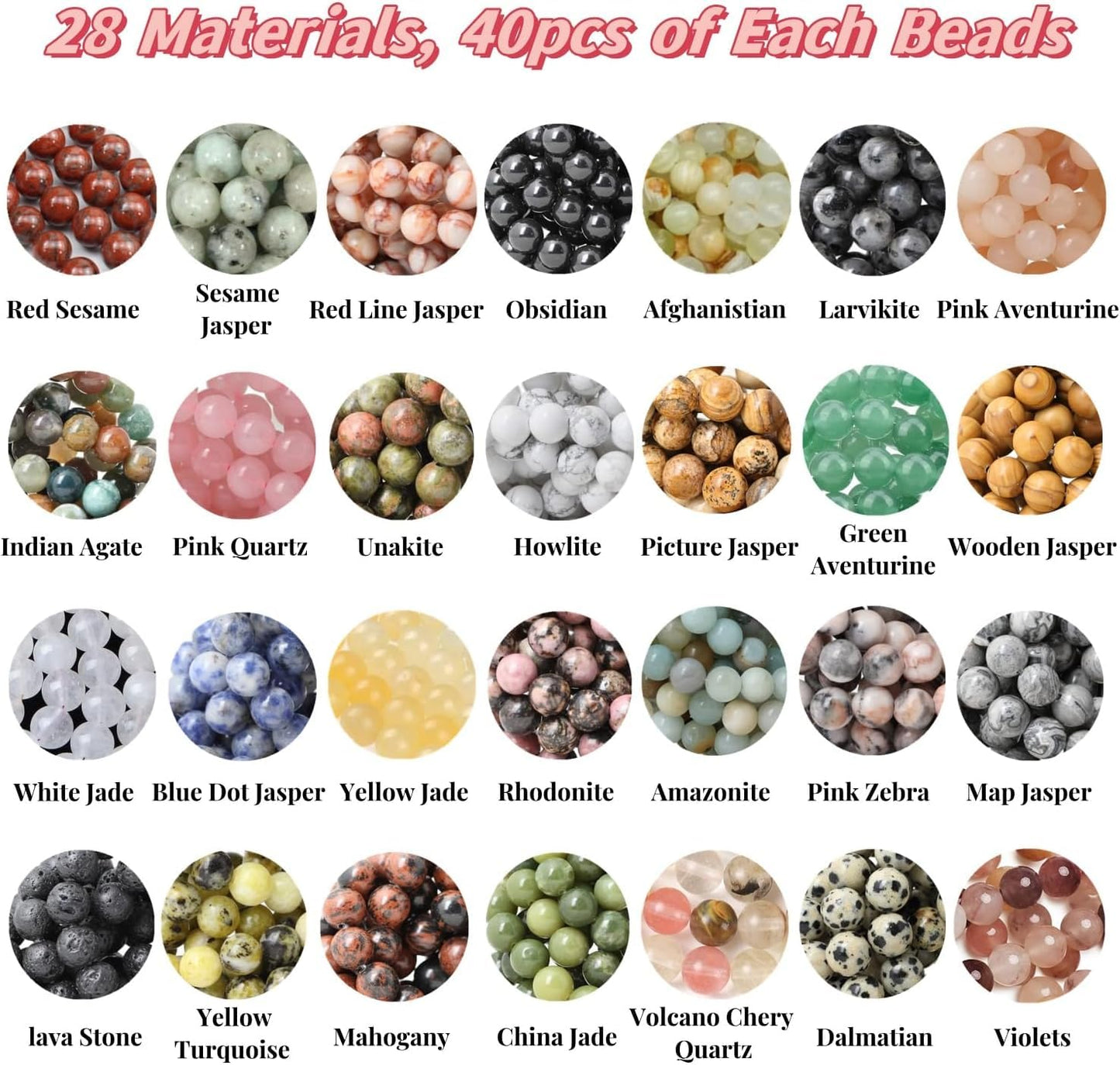 Basigeese 1120pcs Natural Stone Beads Polished Beading 6mm Loose Beads Gemstone Crystal Energy Stone Healing Power for DIY Jewelry Making (6mm 28 Materials A)