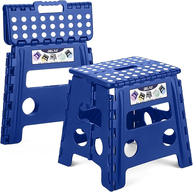 Delxo Folding Step Stool 13 Inch 2 Pack Blue Non-Slip Foldable Stools for Kids & Adults Up to 300 LBS Step Stool with Handle, Lightweight for Kitchen/Bathroom/Bedroom/Garden