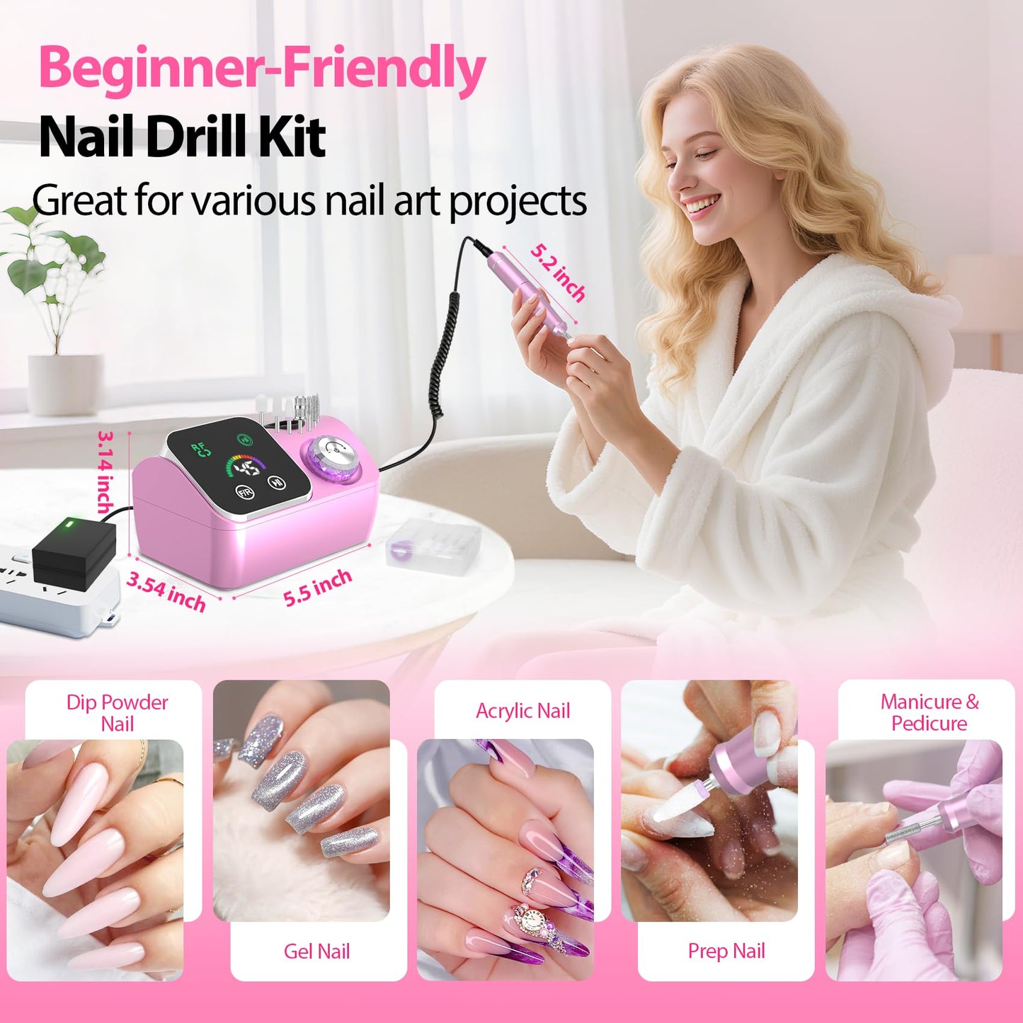 PYVOLA Professional Electric Nail Drill E-File Machine - 45,000 RPM Corded Nail Drills Kit with Low Noise & LED Display for Shaping, Removing & Polishing Acrylic Gel Nails for Salon Home