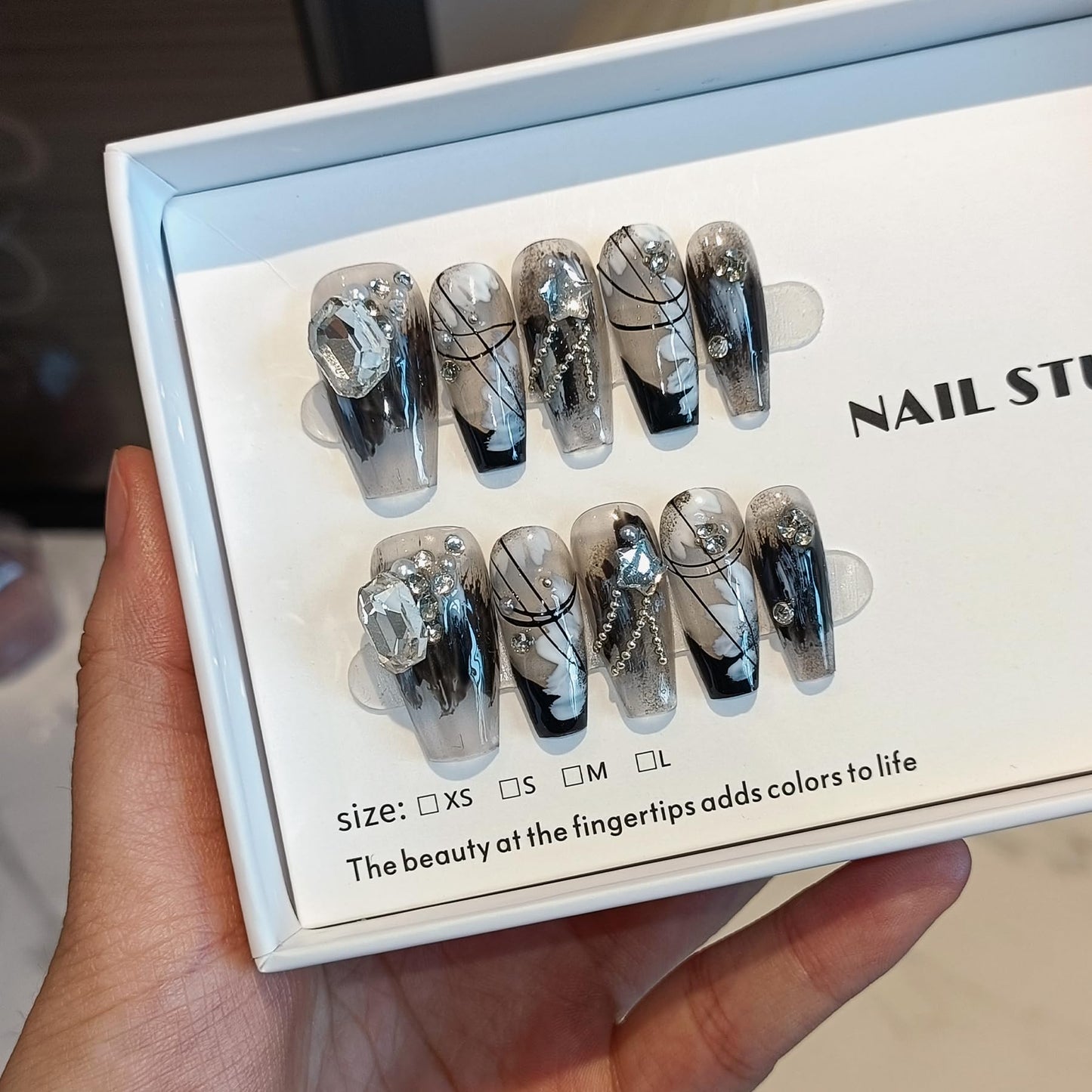 TENPAL 10PCS Gothic Coffin Press on Nails with Tools Kit - Black French Tips Fake Nails with Oriental Chain & Crystal Design | Dark Rebel Glue on Nails Medium | Icy Dark Elegant Chinese Style Nails(S)