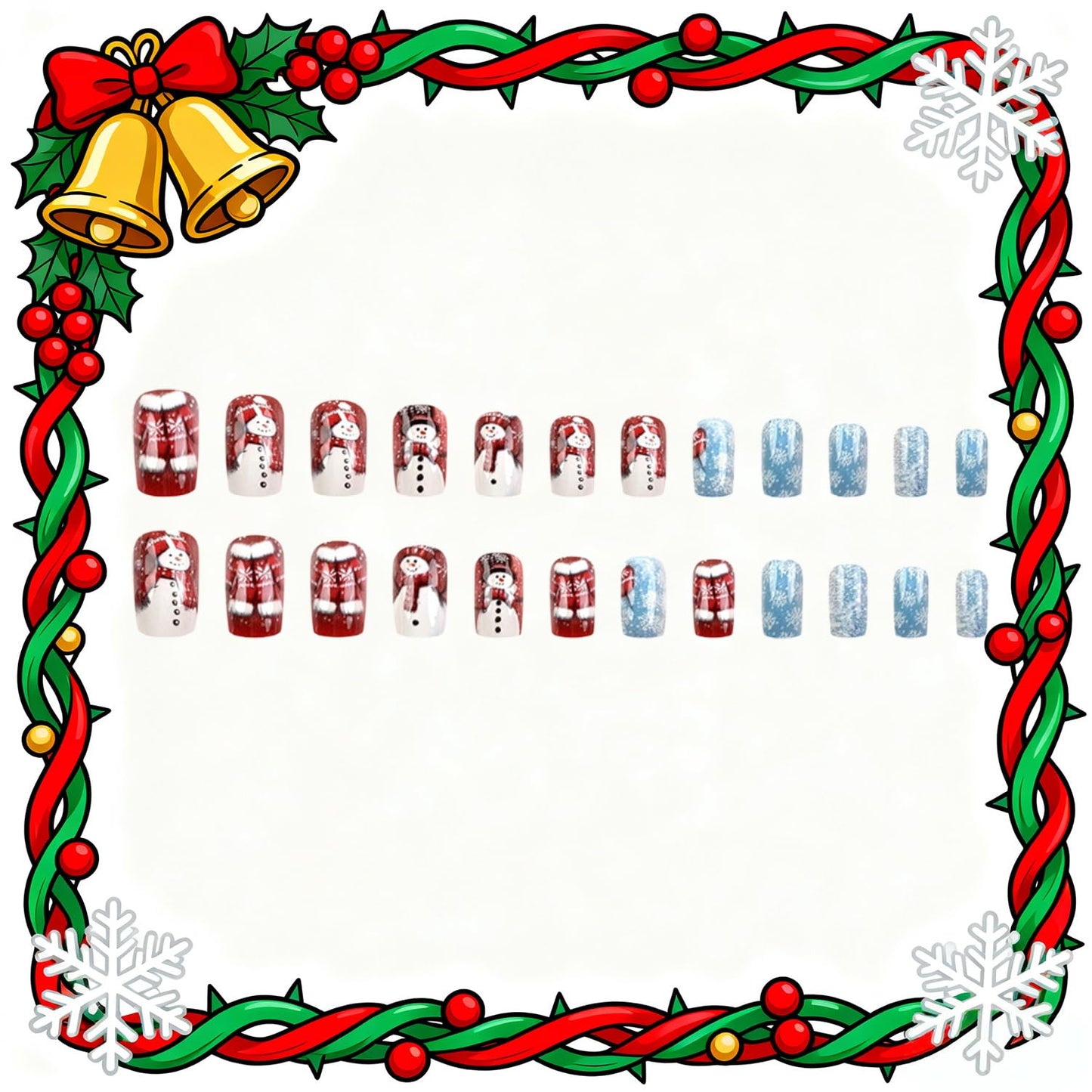 CJDLTS Winter Press on Nails Medium Square Artificial Acrylic False Nails Cute Snowman Snowflake with Glitter Stick on Nail Full Cover Christmas Artificial Fingernails for Women Festival Manicure