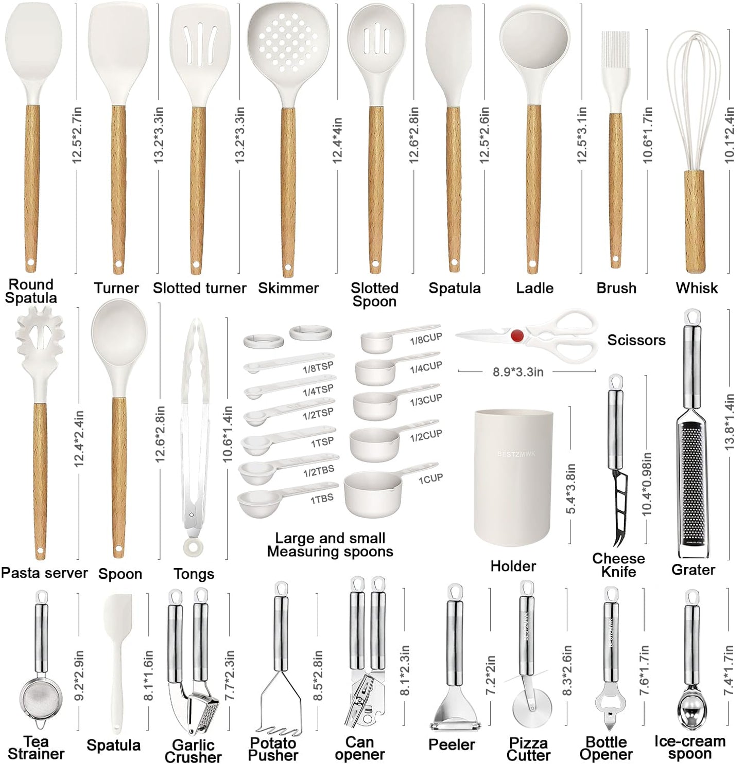 Cooking Utensils Set- 35 PCs Kitchen Utensils with Grater,Tongs, Spoon Spatula &Turner Made of Heat Resistant Food Grade Silicone and Wooden Handles Kitchen Gadgets Tools Set for Cookware