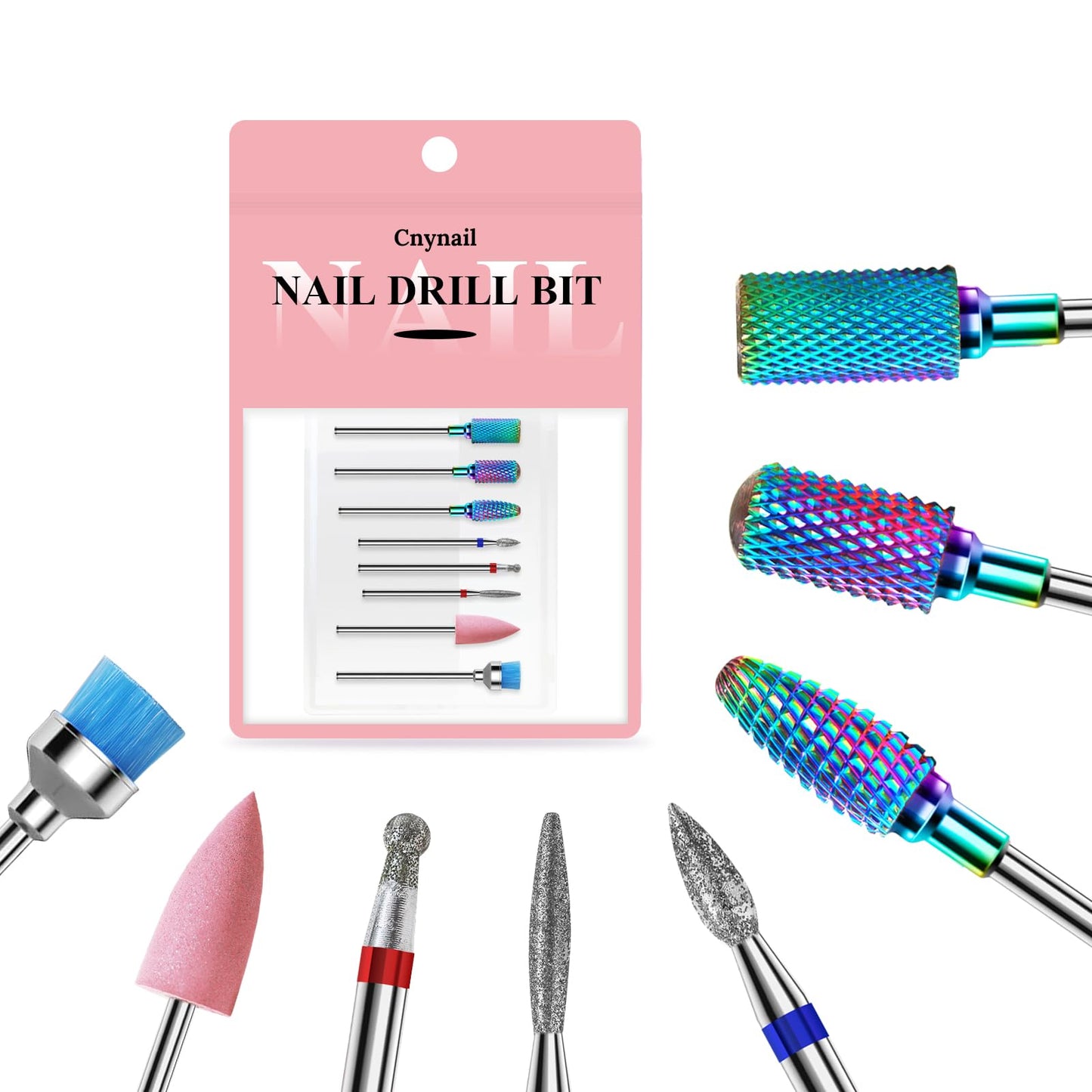 Cnynail 3/32'' Nail Drill Bits Set – 8pcs Tungsten Carbide & Diamond Bits for Acrylic, Gel & Cuticle Removal – Professional Electric Nail File Kit for Manicure, Pedicure – Home & Salon Use