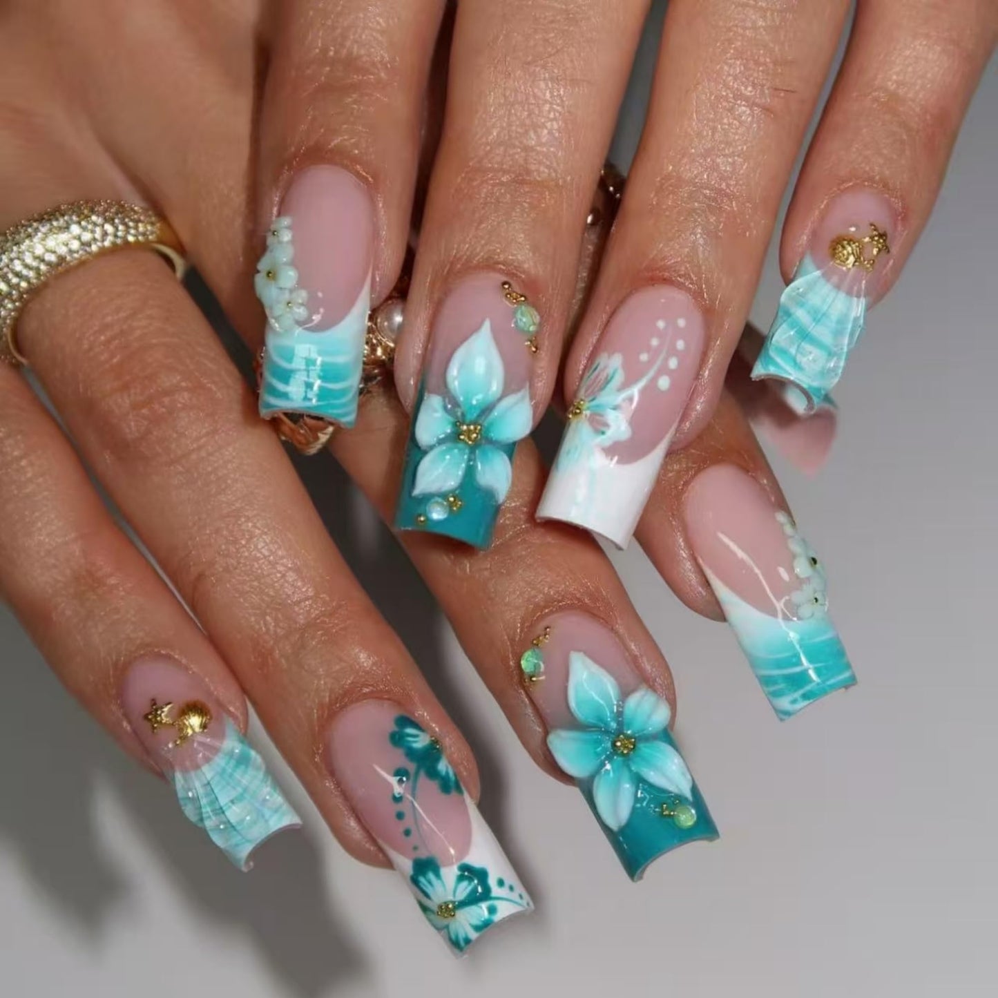 Medium Press on Nails Square Blue Flowers Stick on Nail for Women 24pcs