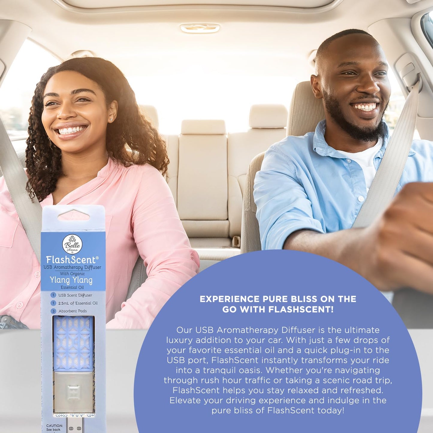 Belle Aroma® FlashScent™ USB Aromatherapy Bundle - for Car, Office, Home, and Travel - Includes 1 Serenity Blue Ylang Ylang Oil Diffuser Kit, 1 Lavender FlashScent Essential Oil, and 7 Refill Pads