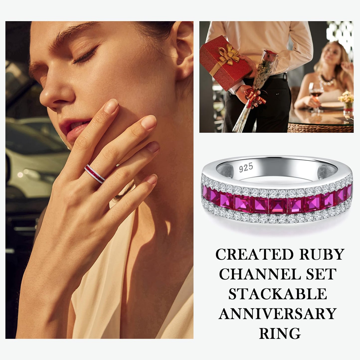 RANDES Ruby Ring Bands for Women Thick Channel Set Eternity Band 925 Sterling Silver Red Stone 5mm Wide Wedding Engagement Ring Size 7