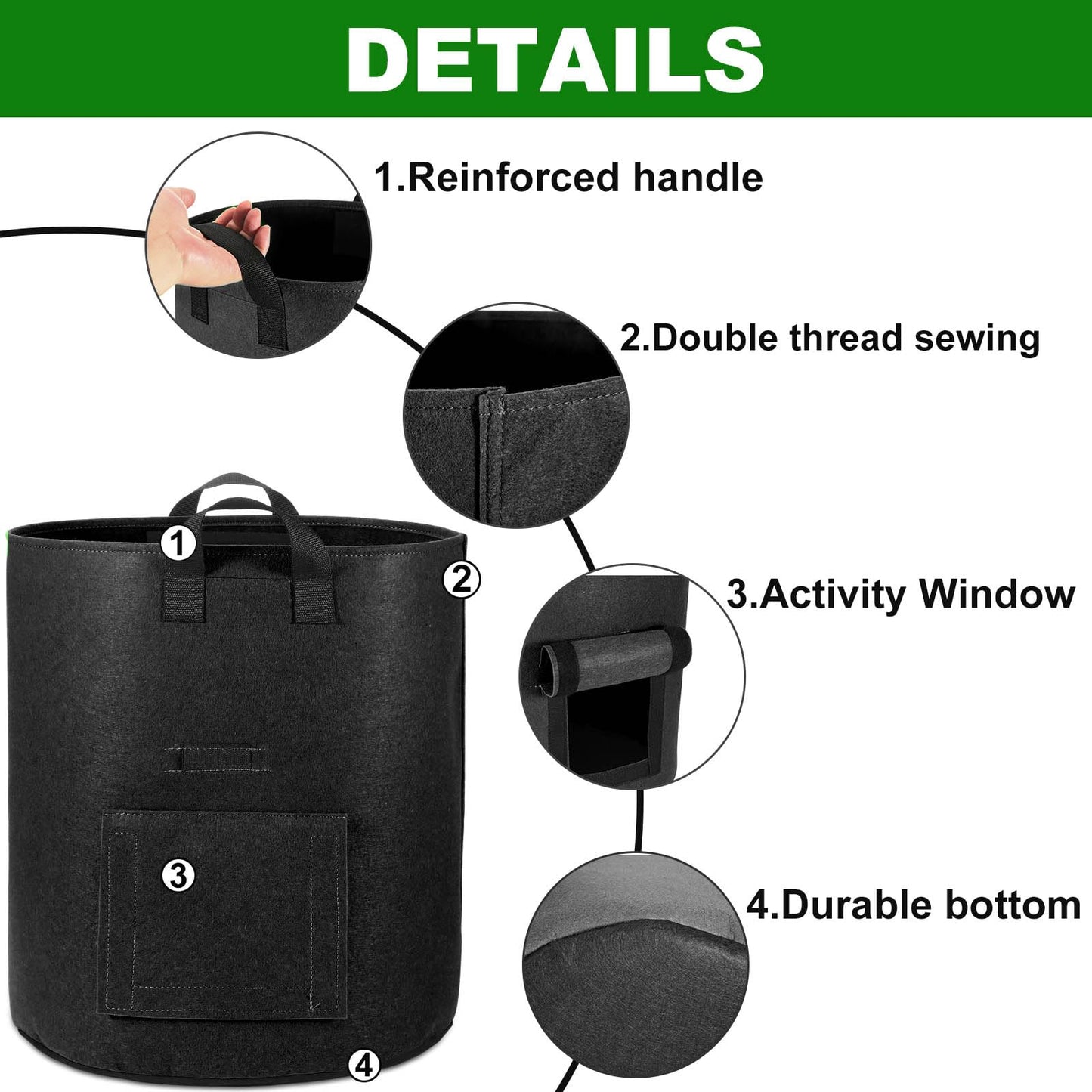 OPPOLIFE 6-Pack 10 Gallon Potato Grow Bags with Flap Window, Heavy Duty Aeration Fabric Pots with Handles for Garden and Planting(Black)