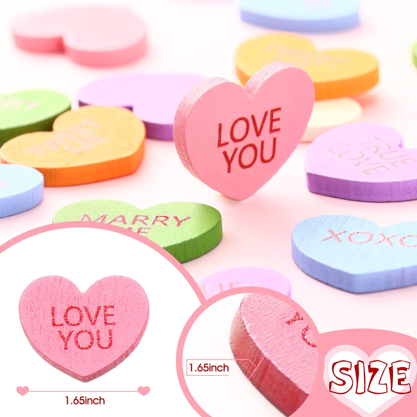 Maitys 300 Pcs Valentine's Day Conversation Hearts Vase Filler Wooden Conversation Hearts Decor Valentine Table Decorations Wedding Scatter Table Confetti for Crafts Wedding Bridal Shower Decorations