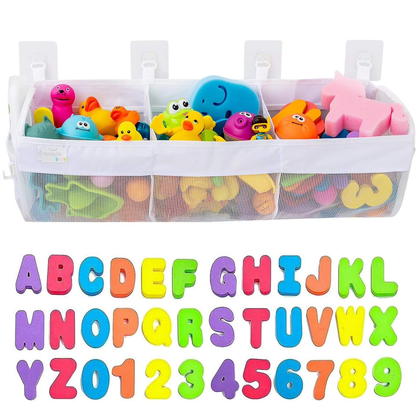 Comfylife Large Bath Toy Organizer with Letters and Numbers – 3 Compartment Bath Toy Holder for Bathtub & Shower – Quick-Dry Mesh with 4 Strong Adhesive Hooks