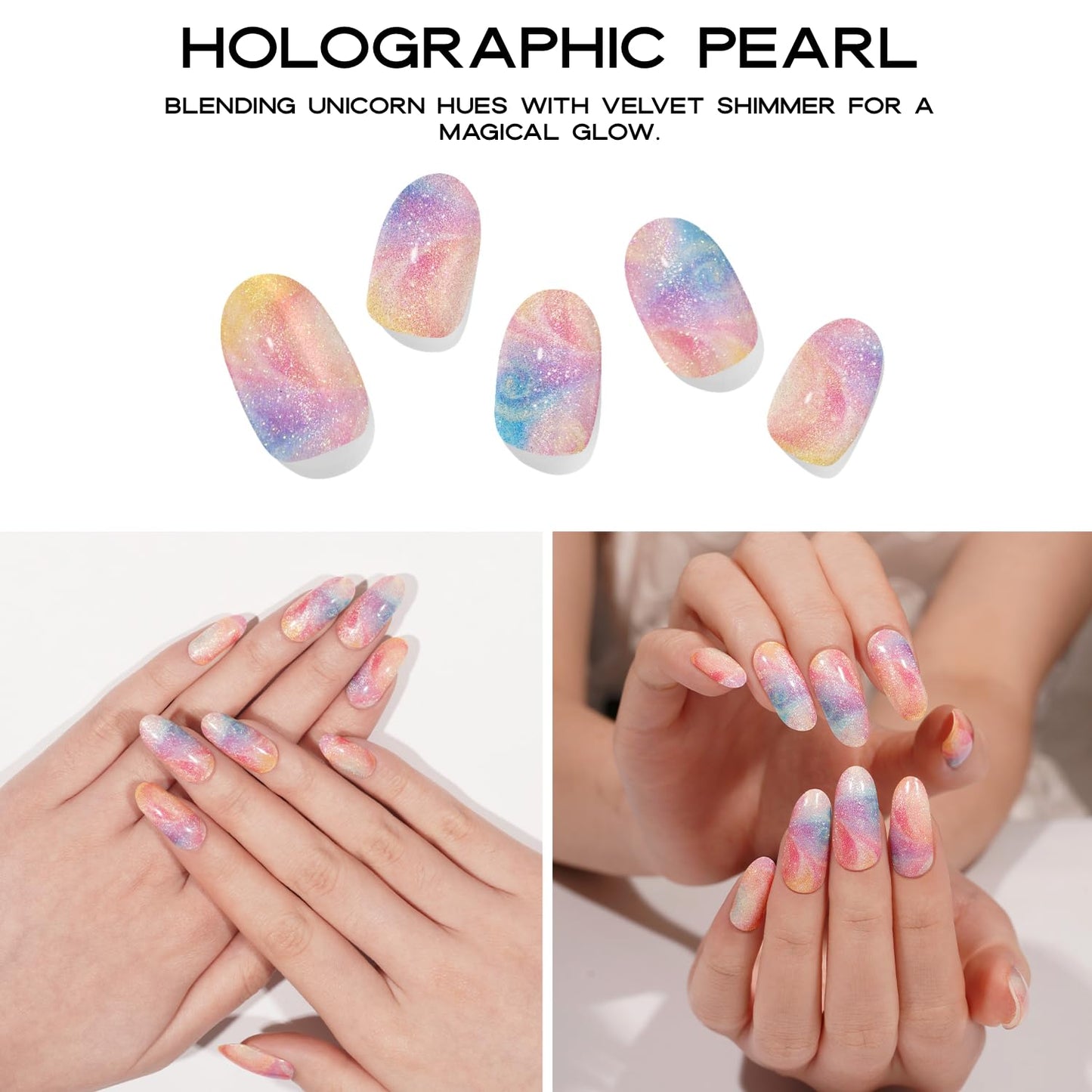 Adora Couture Semi Cured Gel Nail Strips with 20 Pieces - UV Gel Stickers, Manicure Kit, Easy Application Wraps Includes Prep Pads, Nail File, Wooden Stick - UV Light Required (Holographic Pearl)
