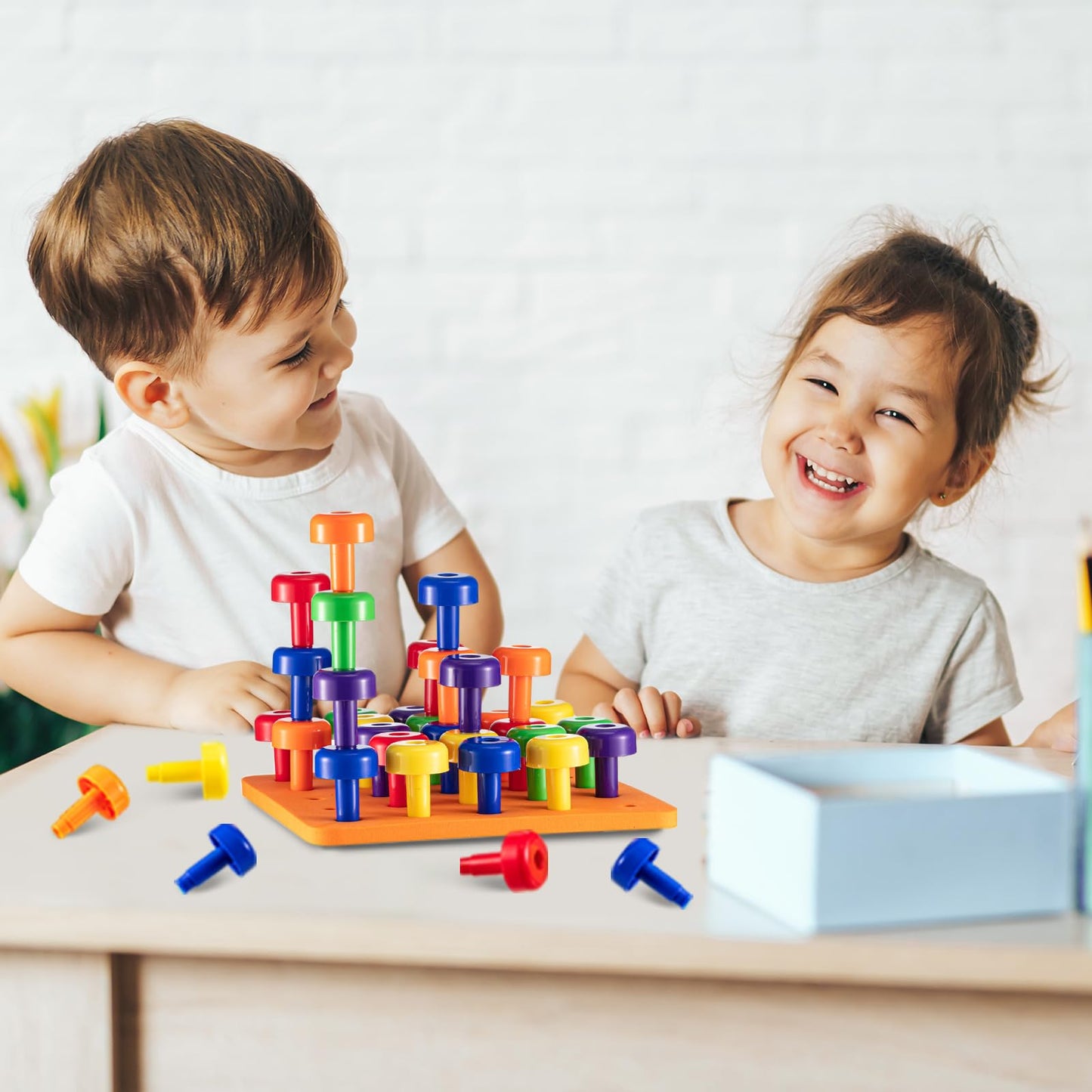 Shappy Toddler Peg Board Kids Montessori Colorful Stackable Toys 120 Pcs Pegs with 4 Foam Board 4 Sets Learning Educational Toy for Preschool Color Recognition Counting Skill with Lacing String Bag