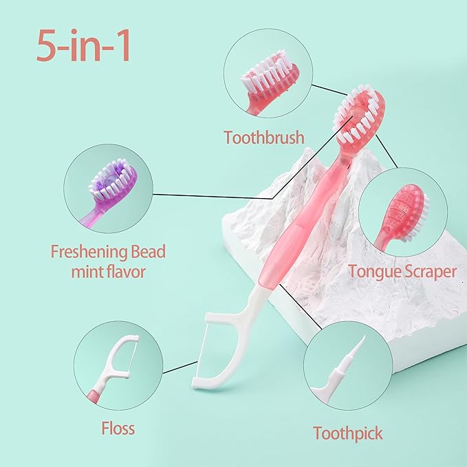 Mini Disposable Toothbrushes with Toothpaste 5 in 1 Travel Toothbrush Individually Wrapped Portable with Toothpaste + Tongue Scraper + Picks+Floss Travel Case 26pcs(Peach, 26)