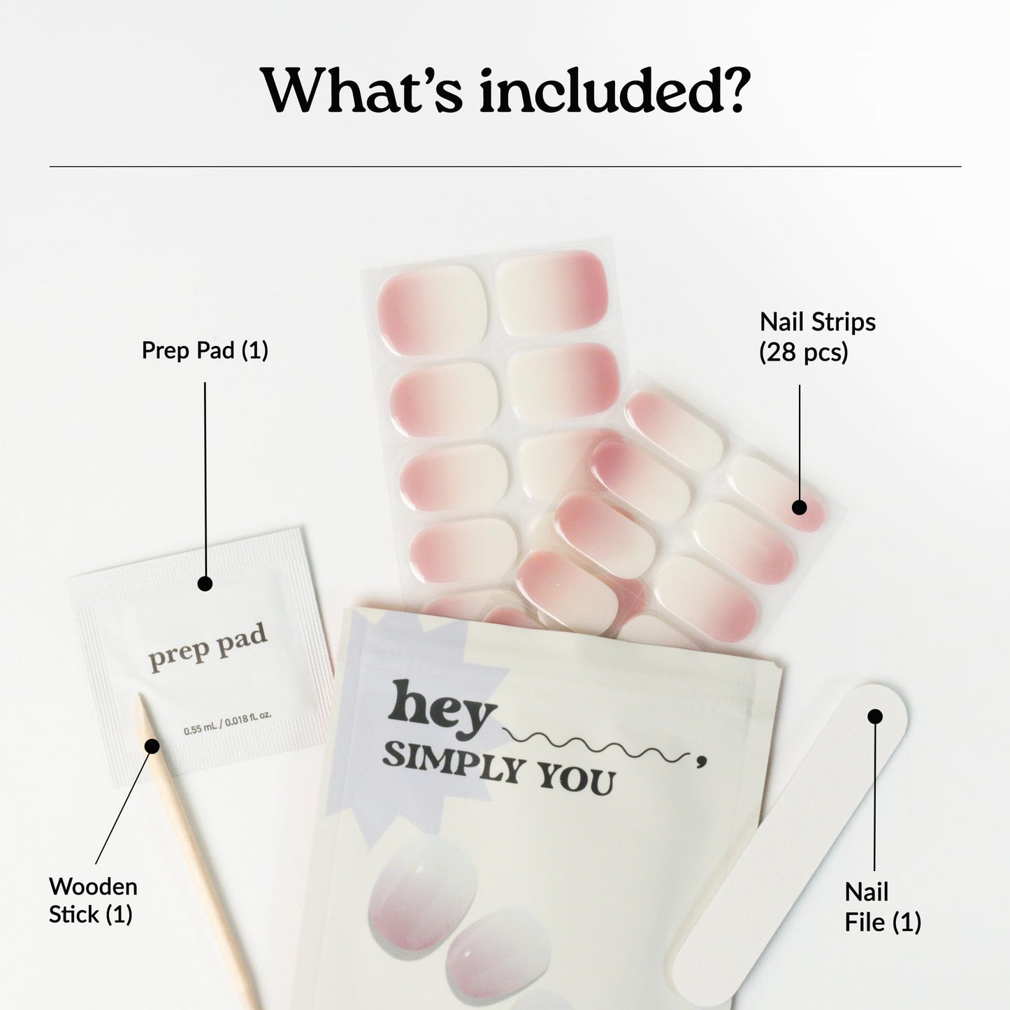 Heyhae Semi Cured Gel Nail Strips | No LED Lamp Needed |Pink, Ombre | Easy Apply & Remove, Salon Quality | Includes 28 Strips, 2 Prep Pads, Nail File & Wooden Stick - Hey, Simply You