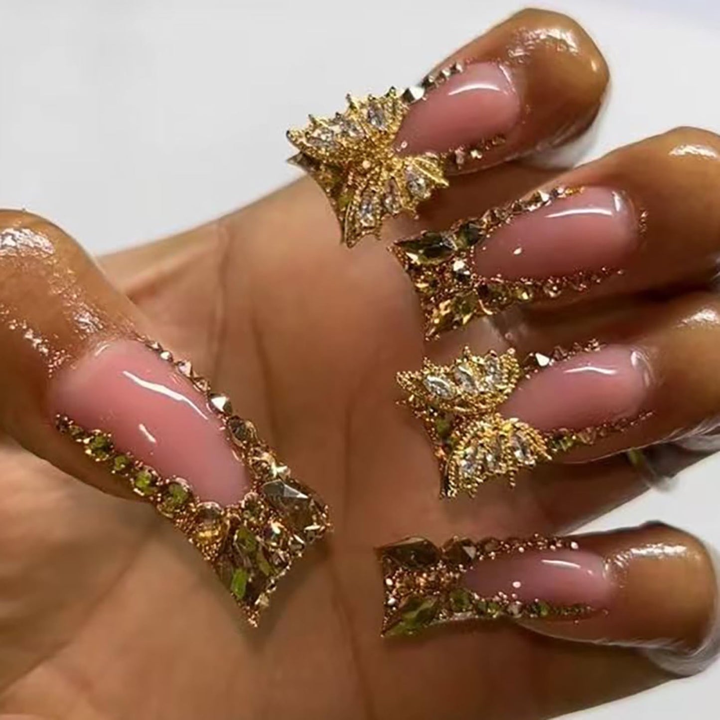French Tip Junk Press on Nails Short Duck Square Fake Nails with Butterfly Charms Designs False Baddie Nails Cute Rhinestones Stick on Nails for Women 24Pcs (Designs, gold buterfly)