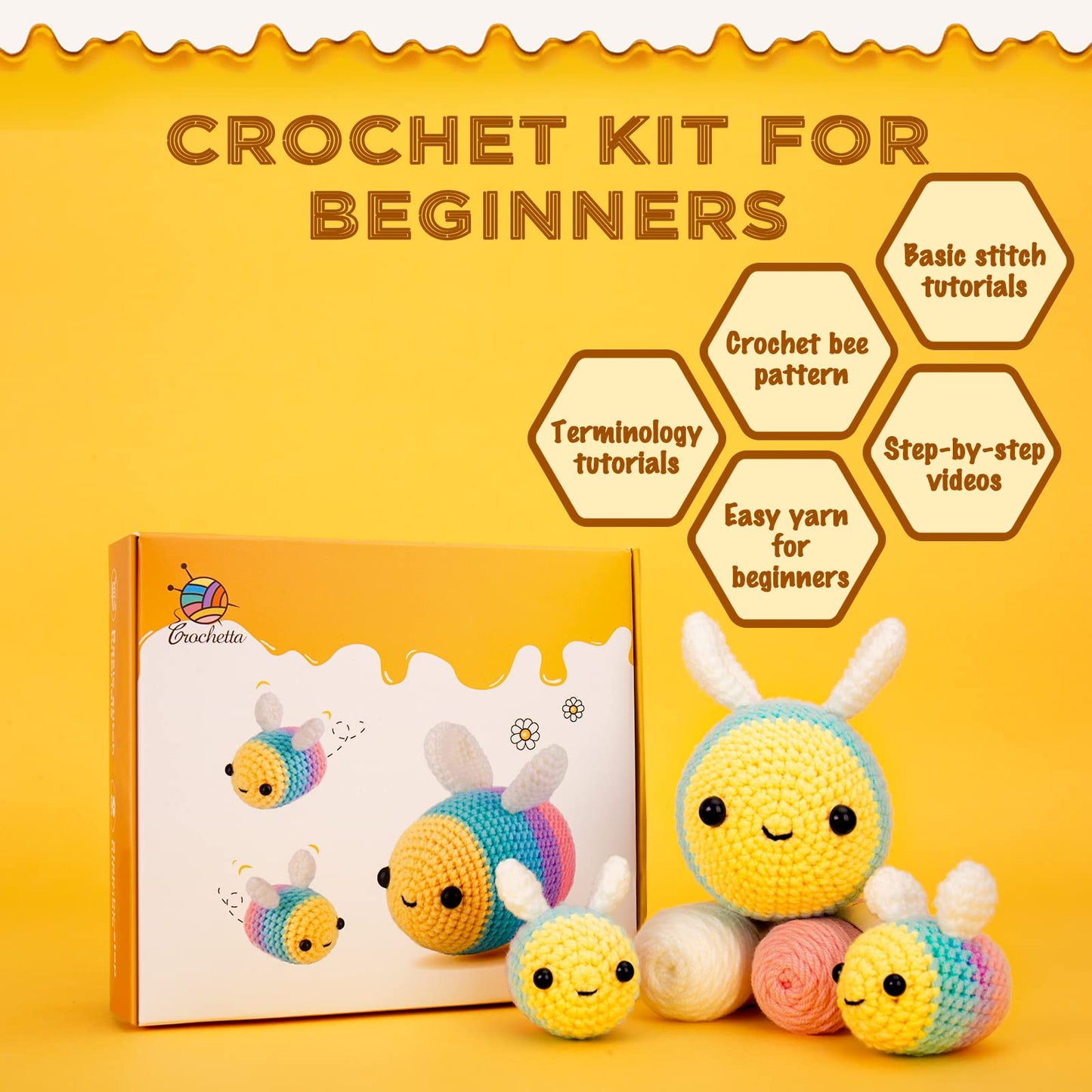 Crochetta Crochet Kit for Beginners, Beginner Crochet Starter Kit with Step-by-Step Video Tutorials, Beginner Crochet Kit for Adults Kids, Knitting Kit for Beginners, Bee Family (Yellow)