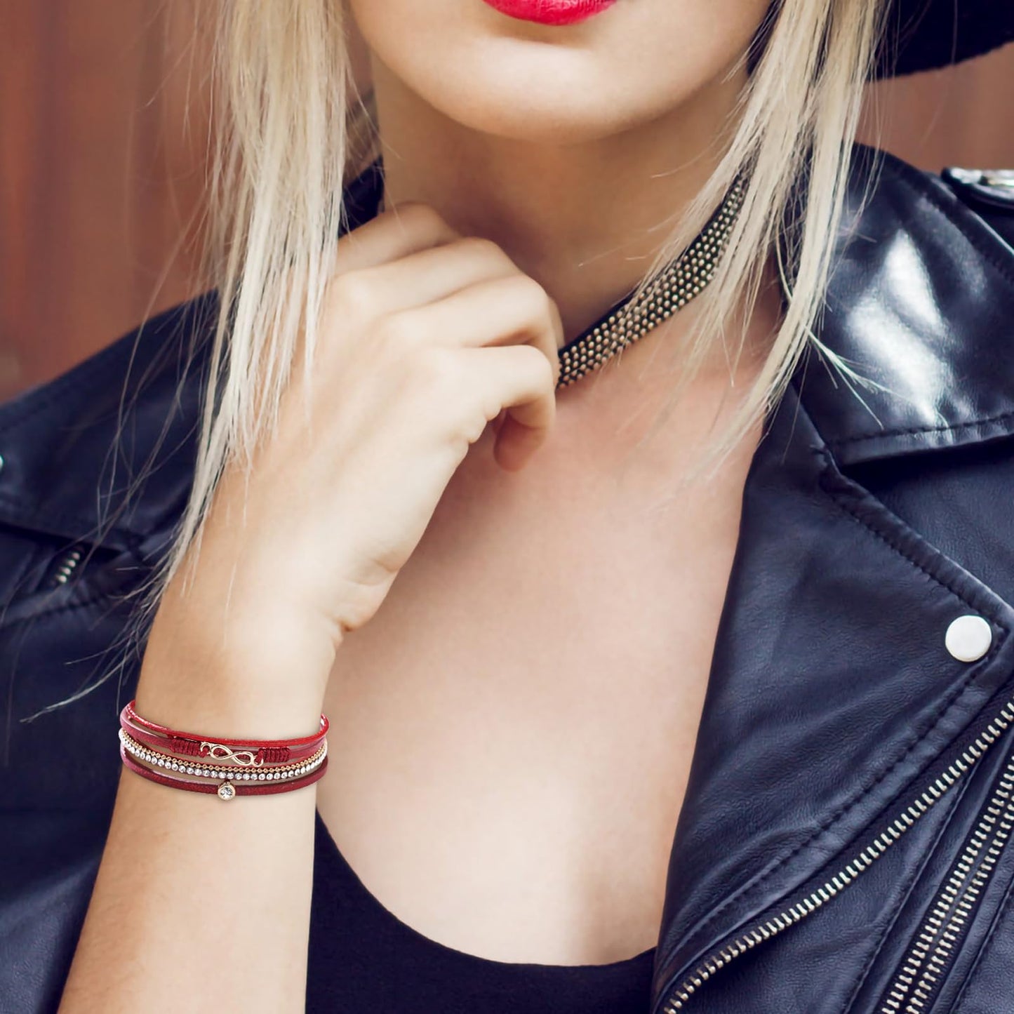 Leopard Bracelet for Women, Boho Leather Wrap Multi-Layer Pearl Crystal Bracelet Bangle Jewelry (Infinite(Red))