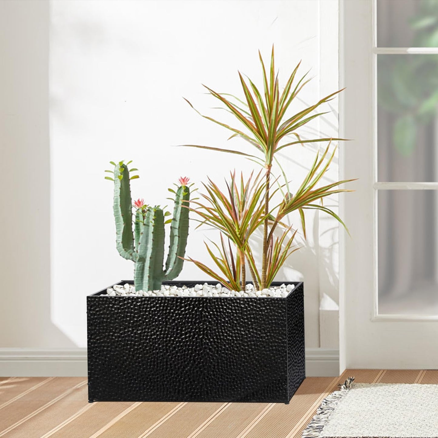 BAYN 30x12x16 Inch Rectangular Metal Planter Box – Black Hand-Hammered Metal Planter with Pre-Drill Holes, Heavy Duty Outdoor Garden Planter for Patio, Porch, Yard
