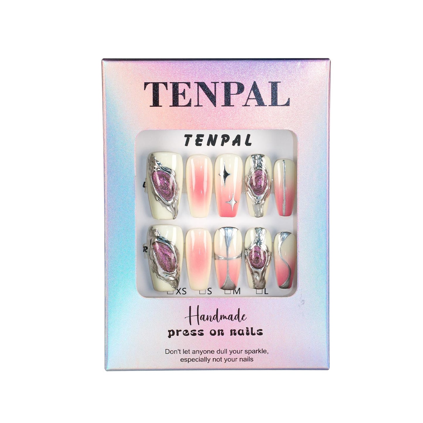 TENPAL 10pcs Coffin Press-On Nails Kit,Punk Metal Glam False Nails with Airbrush Blush Designs,Cat Eye Edgy Gradient Pink Nails with Rhinestones,Hip Hop Goth Chrome Fake Nails Set with Tools(M)
