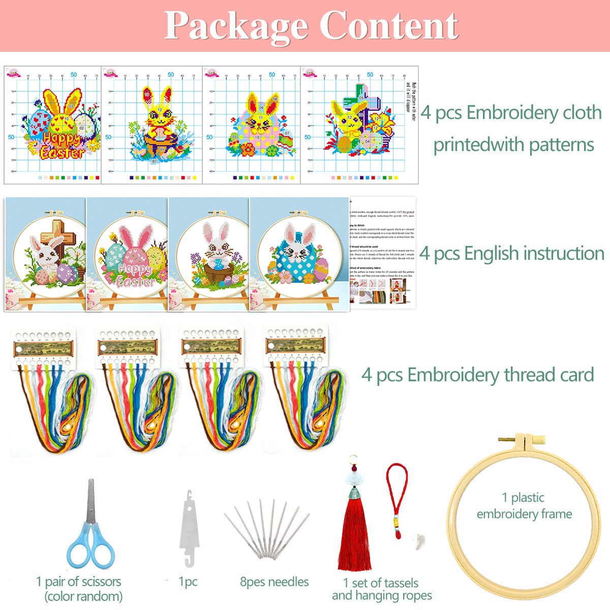Zhenging Easter Cross Stitch Kit with 4 Bunny & EggPatterns -9.45x9.45 Inch Hoop, Pre-Printed Fabric,Threads, Tools -DlY Easter Craft Gift for Adults, HomeDecor