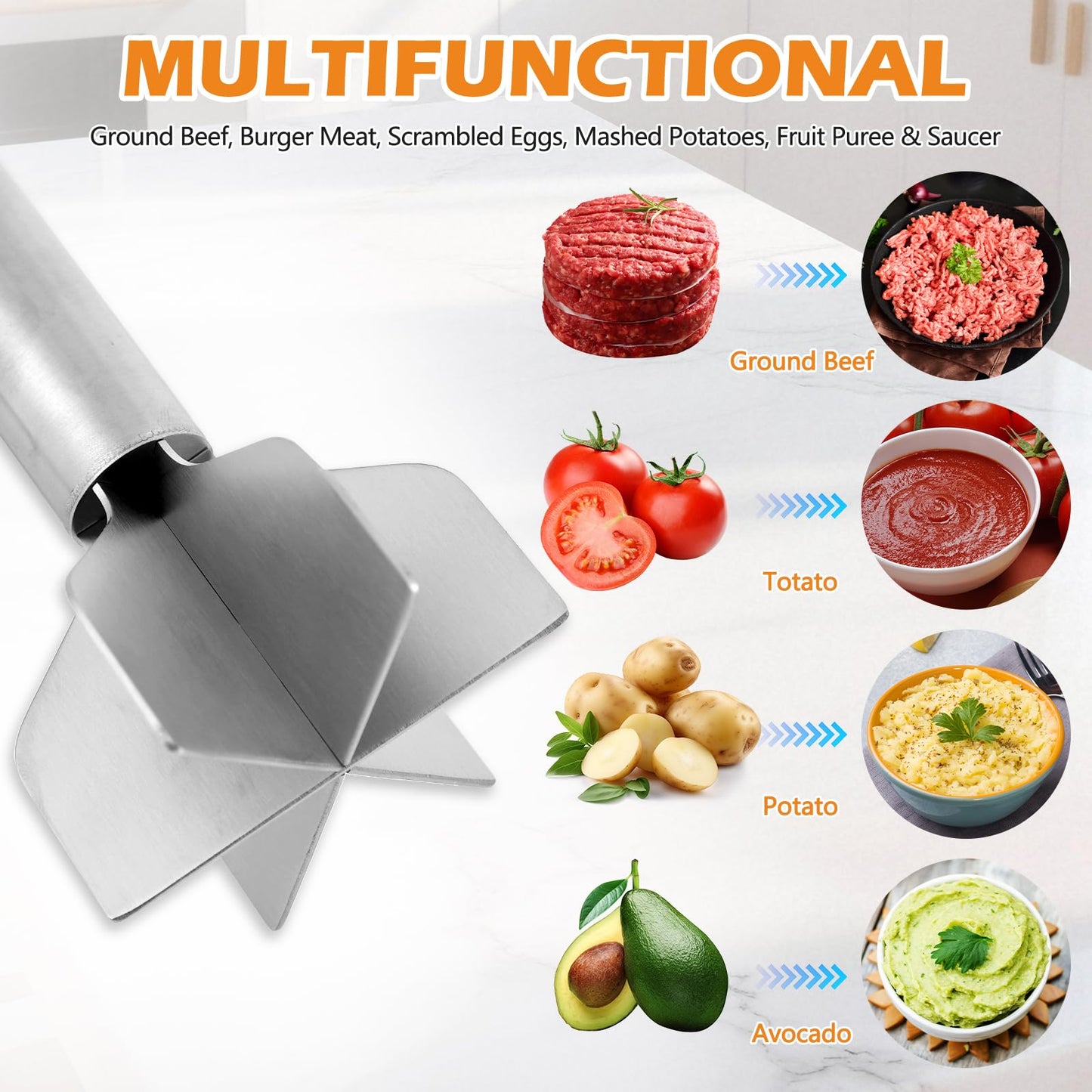 304 Stainless Steel Meat Chopper & Masher, Heavy Duty Food Grade 6-Blade Ground Beef Smasher, Metal Hamburger Chopper Tool, Meat Masher for Ground Beef