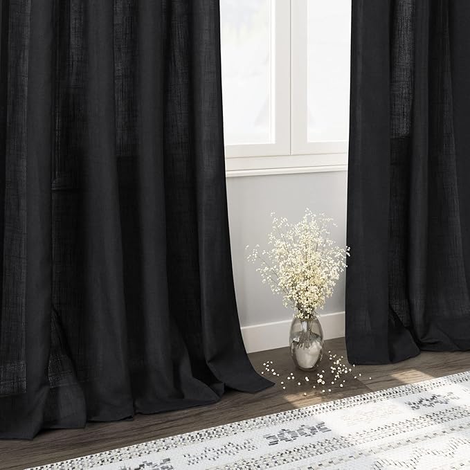 Nanspring Black Curtains 95 Inches Long 2 Panel Set Back Tab Sheer Black Linen Curtain Modern Farmhouse Muslin Look Cotton Textured Gauze Drapes 95 inch Length for Patio Sliding Door Office Bedroom