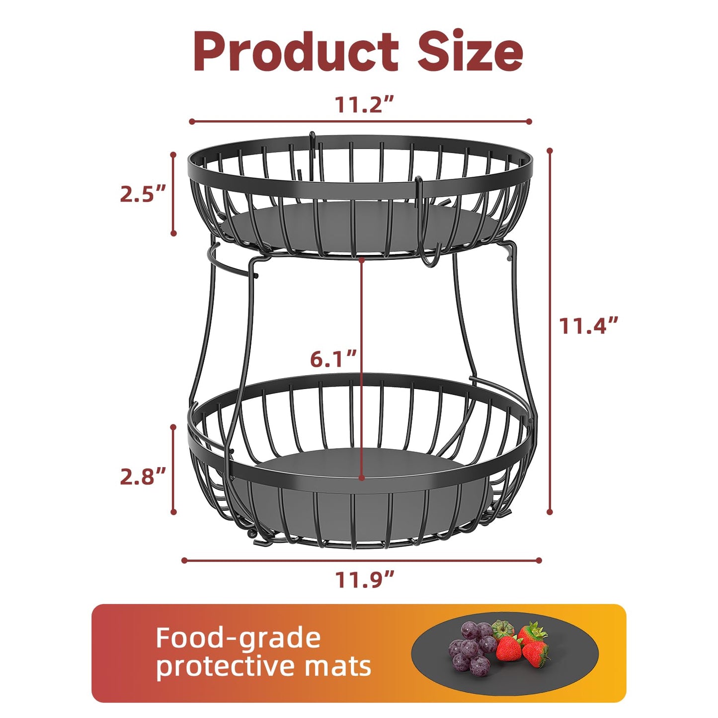 Sevenblue 2 Tier Fruit Basket for Kitchen Counter with 2 Banana Hangers, 2026 Pro Detachable Metal Fruit Bowl with Wooden Handle,Fruit Holder for Bread Snack Veggies, Black Extra Large