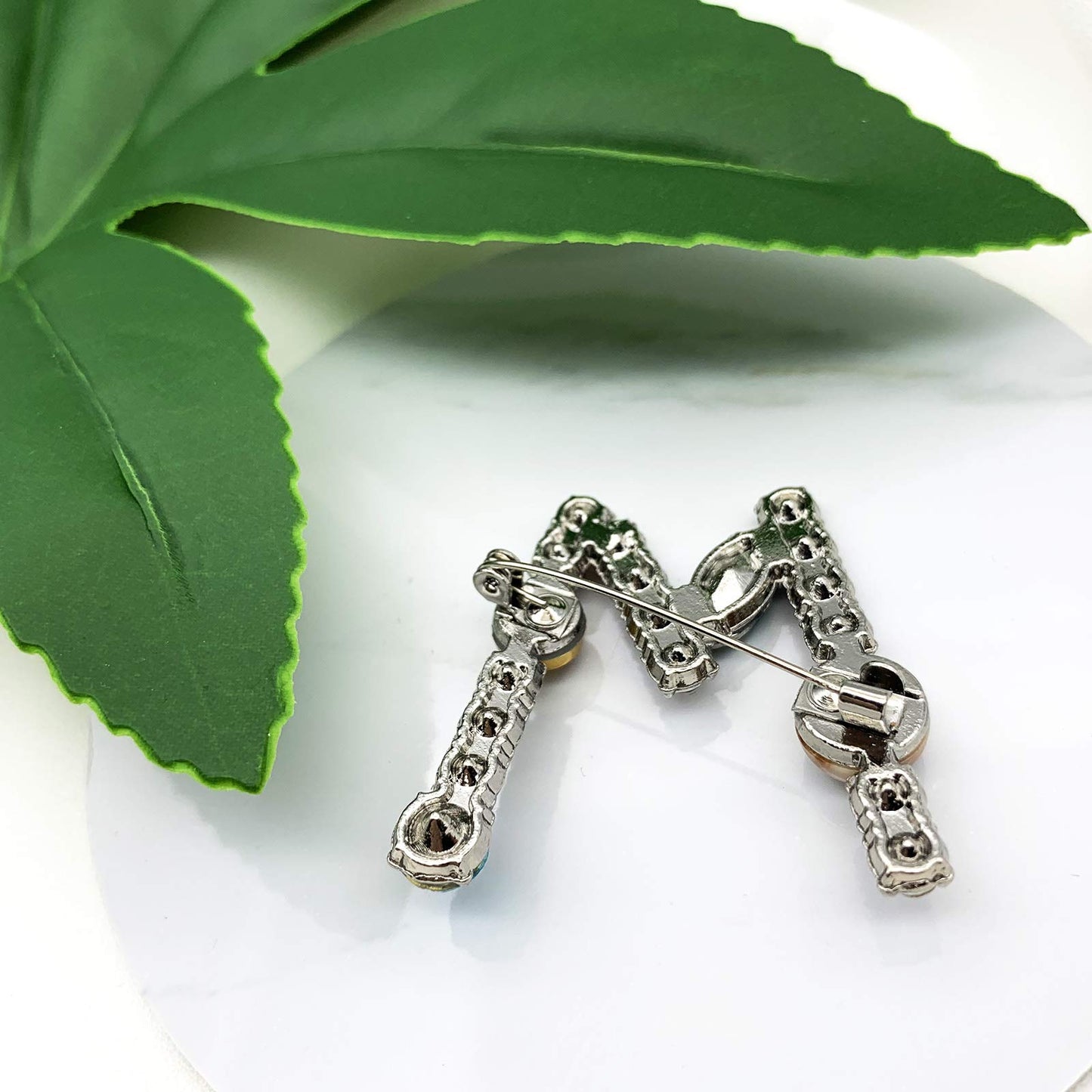 XGALBLA Letters M Plated Metal Stone Clear Colorful Crystal Lapel Pin Brooches Collar(Silver Tone)