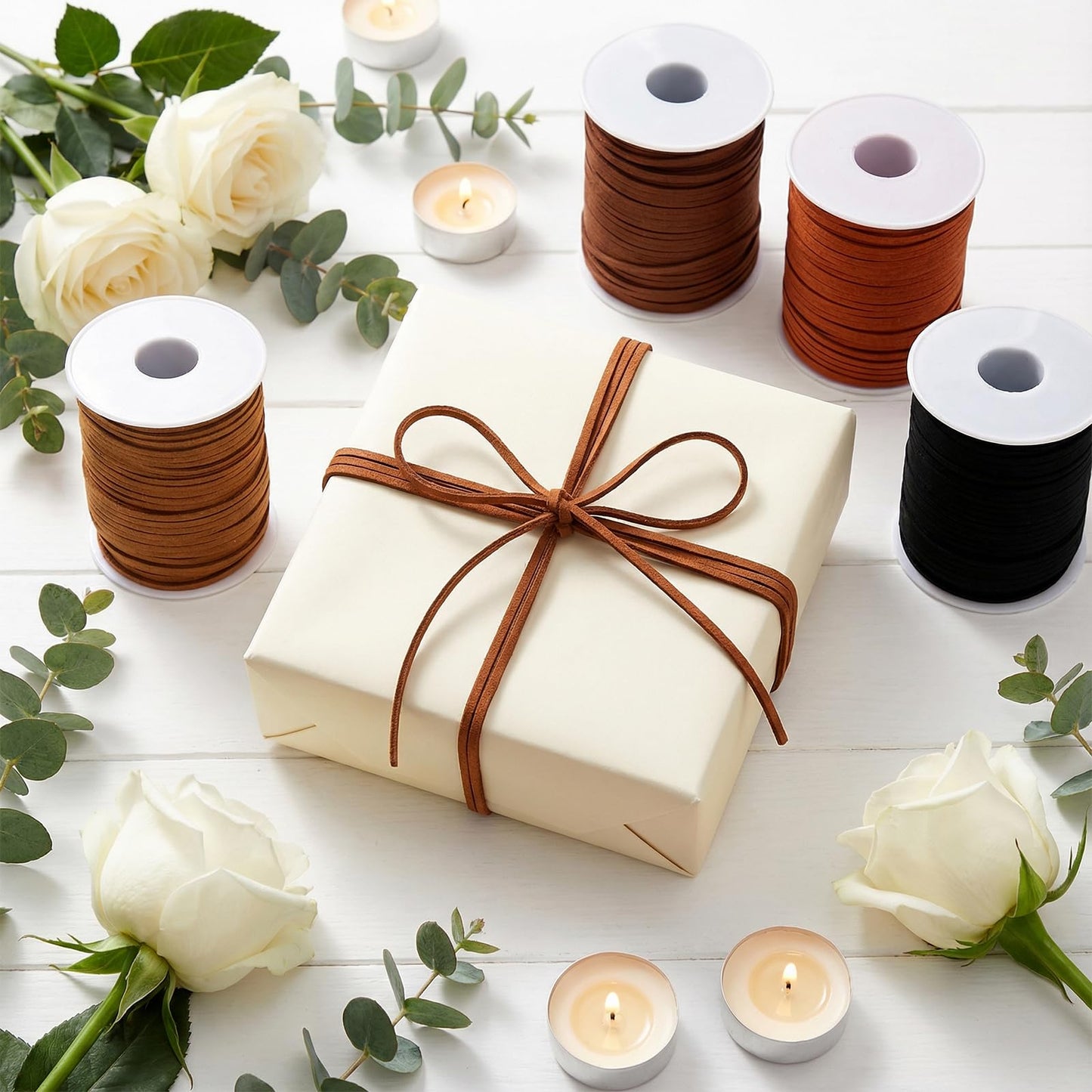 4 Rolls Flat Suede Cord for Jewelry Making, Thin Leather Shoe Laces Strips Ribbon, Faux Leather Strings for Crafting Necklaces Bracelets Tassels Dream Catchers (3mm, 200 Yards)