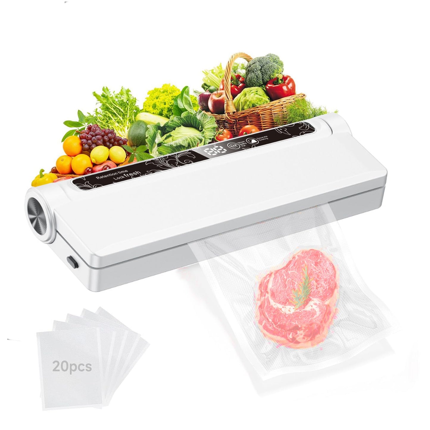 Vacuum Sealer Machine for Food, 75KPA Strong Suction, Moist/Dry Modes, 20 Vacuum Seal Bags for Food, Digital Countdown Timer, Compact Lightweight,with Starter Kits(White)