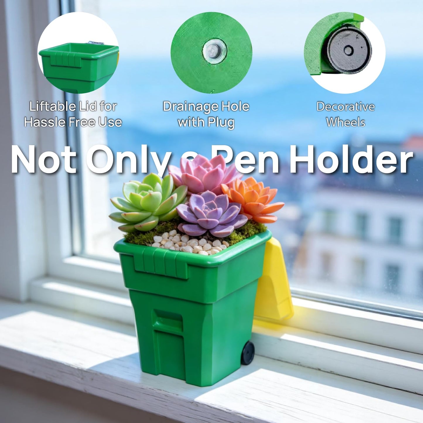 ini Trash Can Pen Holder with Lid - 3-in-1 Desk Organizer Pencil Cup Small Plant Pot with Drainage Desktop Trash Bin for Office Plants and Gifts Green