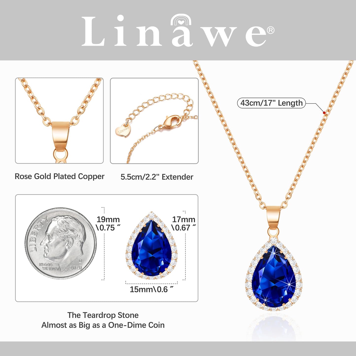 Linawe Rose Gold Sapphire Crystal Navy Blue Imitation Diamond Pendant Necklace for Women Trendy, Cubic Zirconia Moonstone Moissanite Boho Wedding Bride Jewelry Set