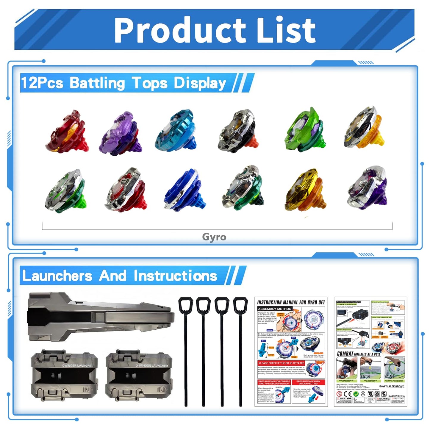 Battle Spinning Top Set with 12 Colorful Tops, Launchers and Accessories, Combat Game Collection