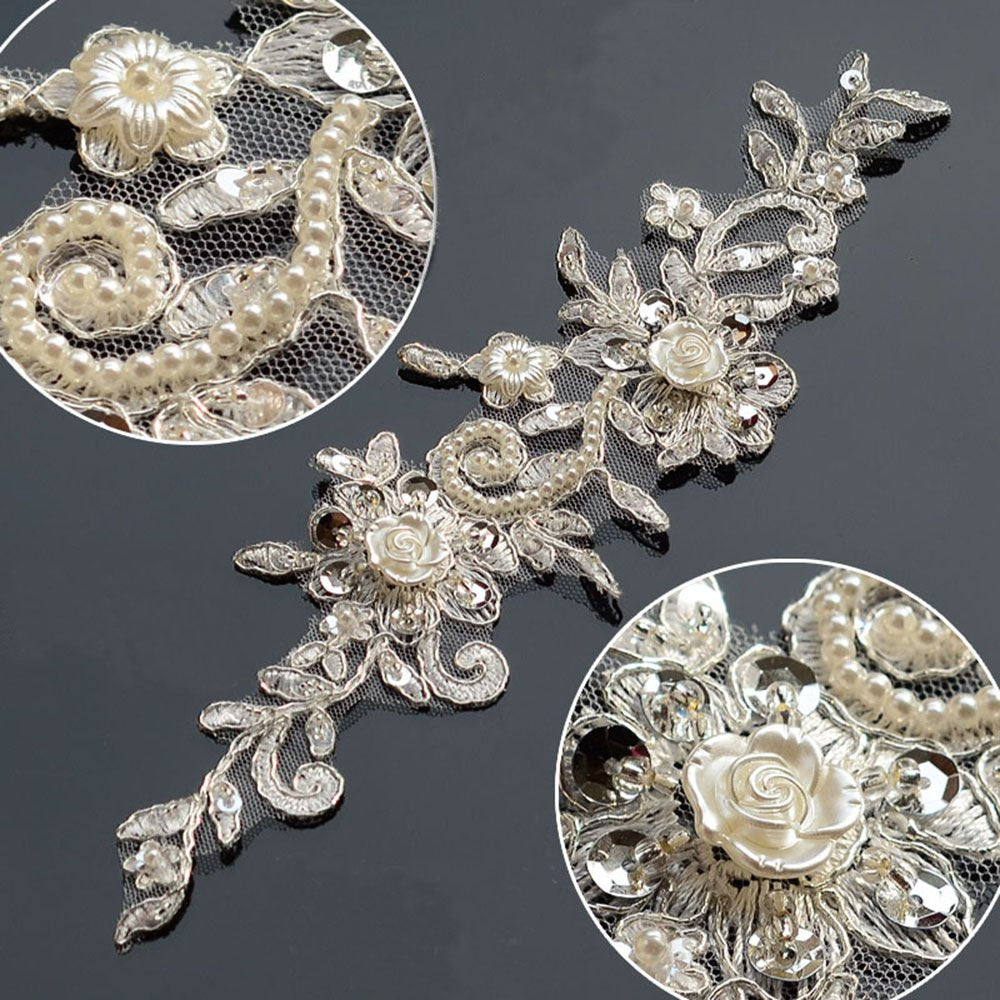 Bling Paillette Rhinestones Lace Appliques Pearl Beaded Bridal Applique Sewing Patch for DIY Wedding Belt Shoes Ivory (2 Pieces)