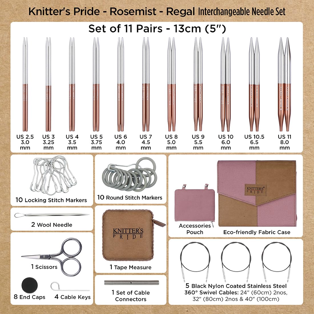 Knitter’s Pride Rosemist Regal Interchangeable Needle Set 5"" (13cm) – 11 US Sizes (2.5 to 11)