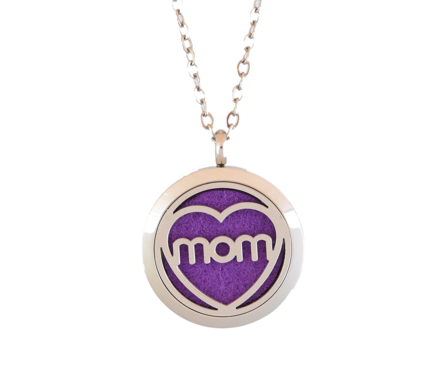 Aromatherapy Essential Oil Diffuser Stainless Steel 30MM Silver Locket Pendant with Chain Necklace and Colored Refill Pads & Diffuser Bracelet All in a Velvet Bag (mom)