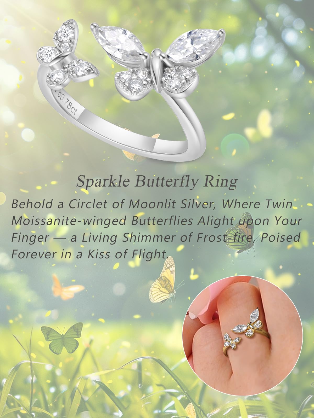 CYW Moissanite Butterfly Ring Sterling Silver Adjustable Womens Stacking Open Rings Size 9