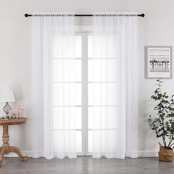 OVZME White Sheer Curtains 90 Inches Long 2 Panels - Soft Light Filtering Window Sheer Panels for Living Room/Bedroom, Top Dual Rod Pocket, 1 Pair, Each 42Wx90L Inches