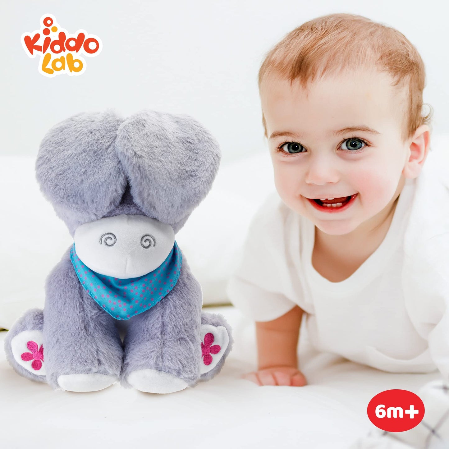 KiddoLab Musical Duo: Peek-A-Boo Donkey & Monkey Plush Toy Set for Infants 3-18 Months with Moving Ears, Light-Up Buttons, & Melodic Nursery Songs.
