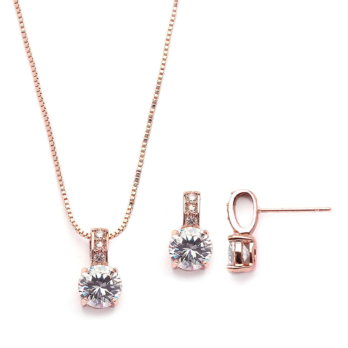 Mariell 14K Rose Gold Plated Round-Cut Cubic Zirconia Necklace Earrings Set for Brides, Bridesmaids & Everyday Wear