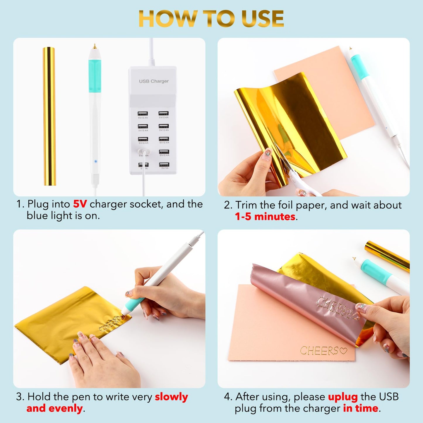 Hot Heated Foil Pens & Hot Foil Roll Set for Card Making Craft Scrapbooking Drawing Pen with USB Cable DC5V Write, Draw, Trace, and Stencil Your Way to Shiny Foiled Beauty Using the Hot Foil Pen