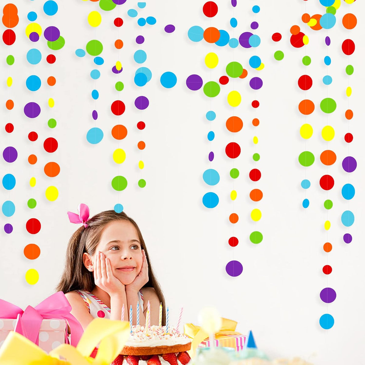 46Ft Rainbow Garland Colorful Circle Dots Hanging Paper Streamer Backdrop Multi Color Polka Dot Banner for Birthday Bachelorette Engagement Wedding Bridal Baby Shower Fiesta Party Decorations Supplies
