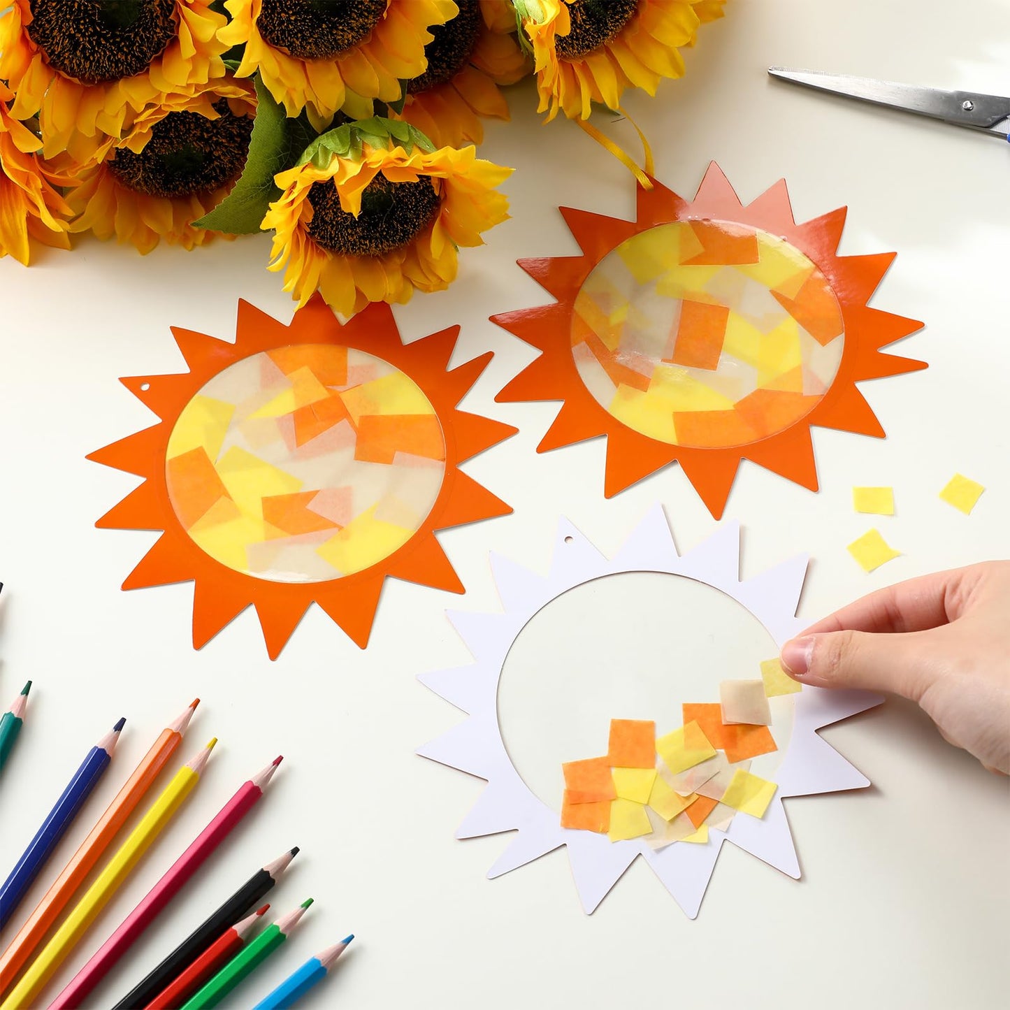Colarr 24 Sets Sun Crafts Gold Sun Tissue Paper Crafts Kits DIY Summer Hanging Ornaments Suncatcher for Summer Home School Classroom Party Decoration Art Activity
